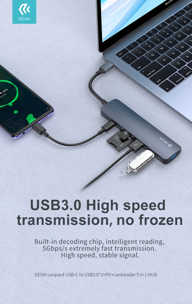 Adaptateur Leopard Type-C To USB3.0*3+PD +Cardreader 5 In 1 HUB Devia