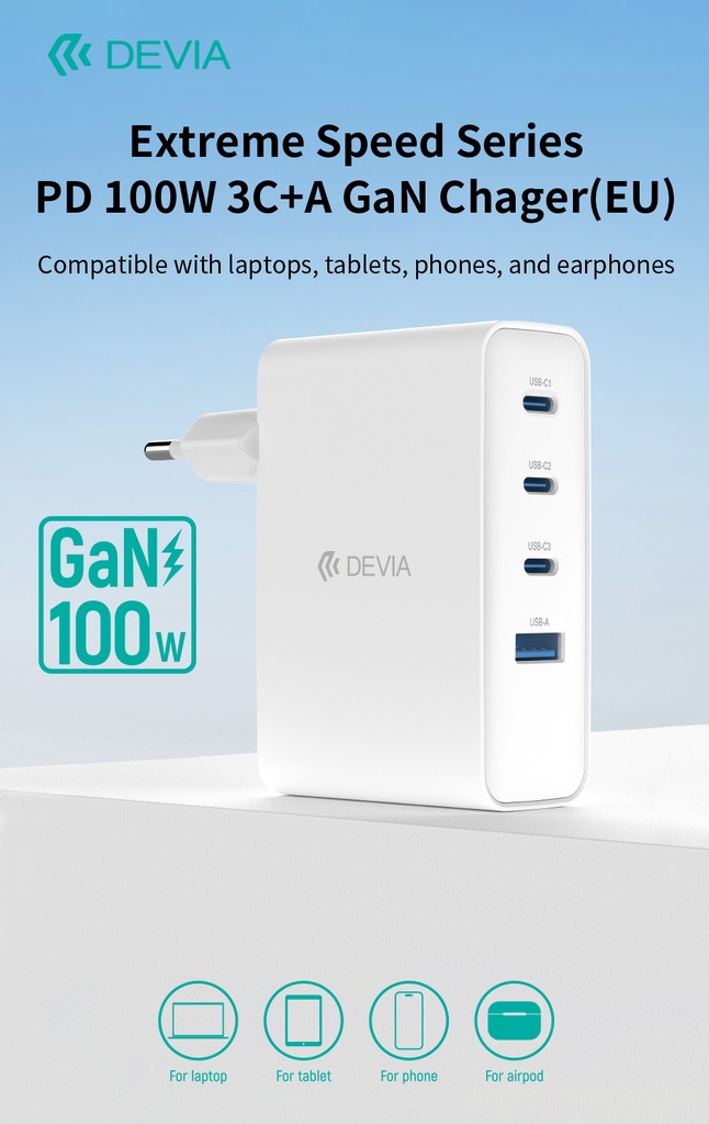 Chargeur Alloatahiti-Chargeur Devia 100 Watts 3 Ports USB C et 1 Port USBA
